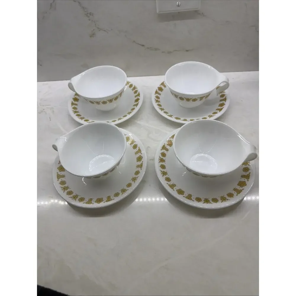 Vintage Set of 4 Corelle Butterfly Gold Hook Handle Coffee Tea Cups /Saucers